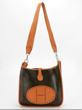 HERMES Evelyne PM 1999 Bi-Color Ebene & Orange Canvas Leather Crossbody Bag RARE